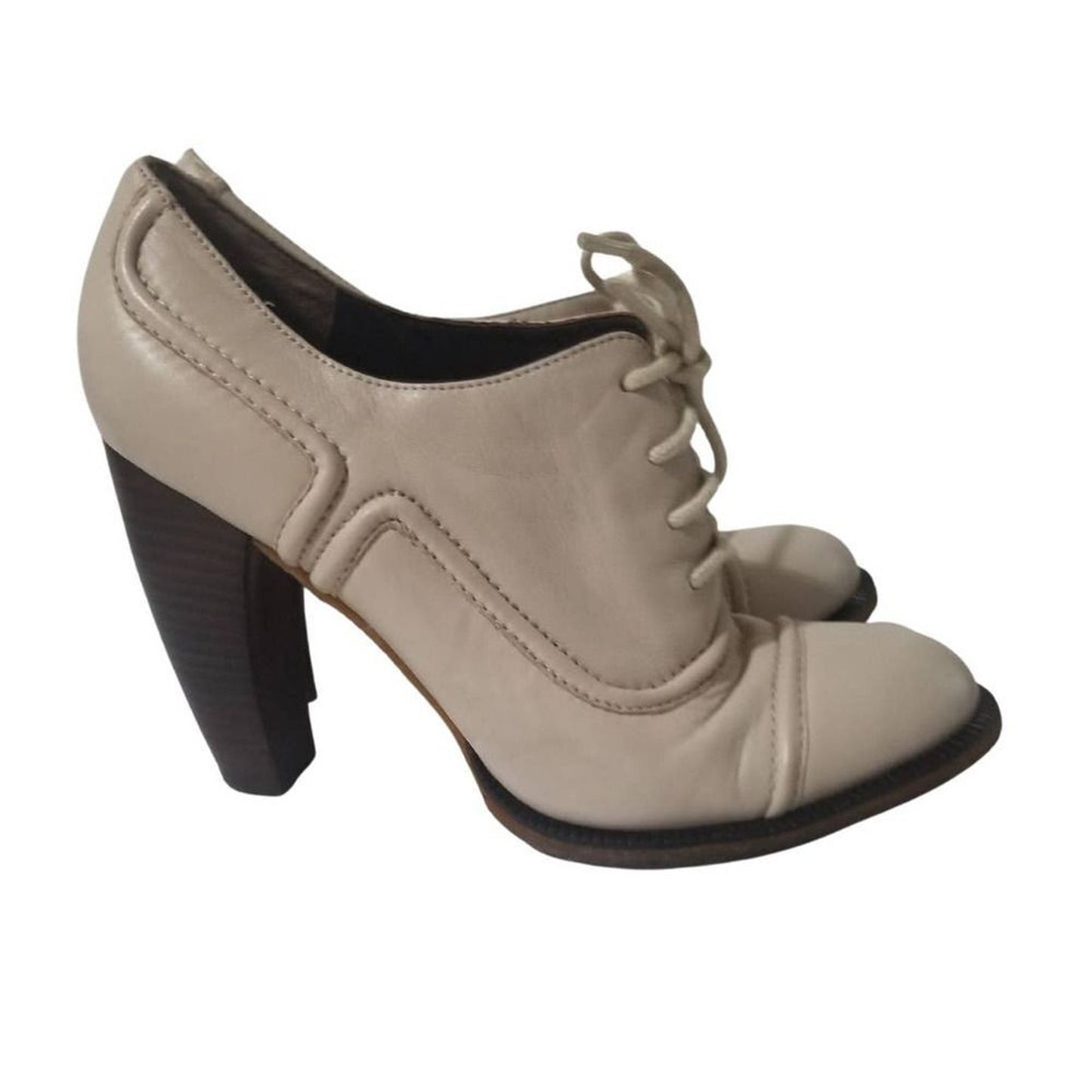 Cream Leather Platforms Booties Seam Detail Heels Round Heel Devani Size 8.5