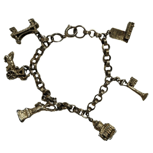 80s Charms Bracelet New York City Landmark Statue of Liberty Silver Tone Links