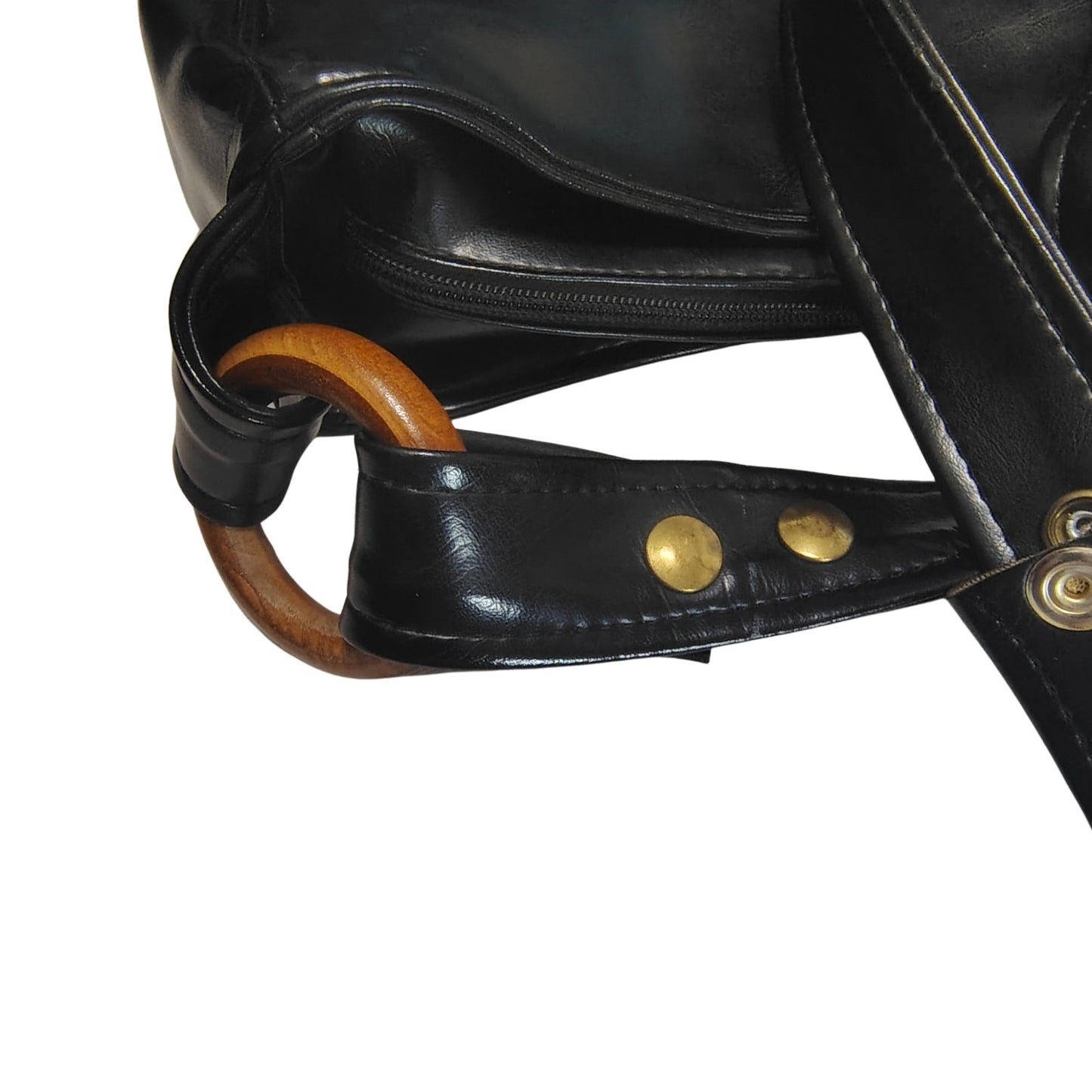 1970s Black Vinyl Convertible Shoulder Handbag Top Handle Purse Wood Loops