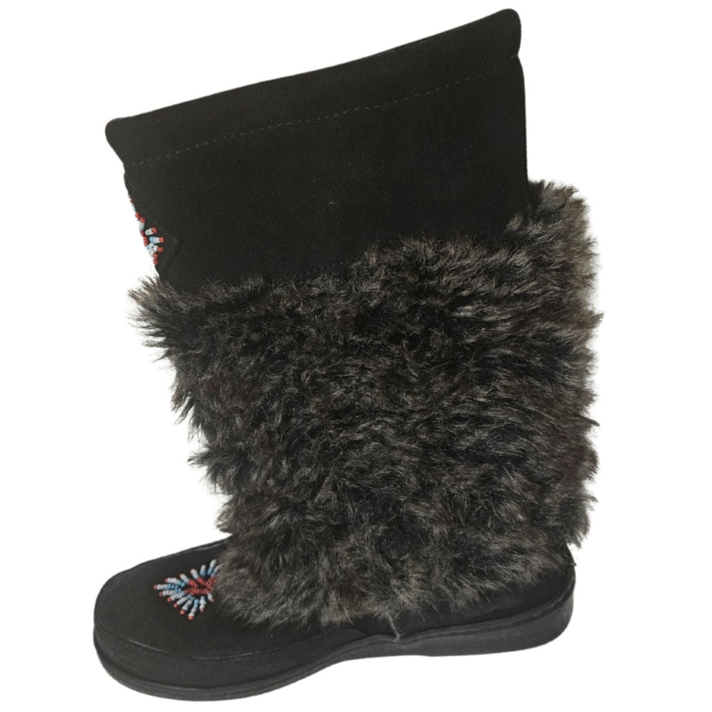 Minnetonka Mukluk Bead Detail Black Genuine Suede Leather Faux Fur Size 7 Womens