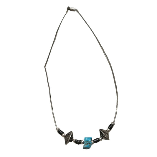 1970s Sterling Silver Liquid Beads Turquoise Black Stone Necklace