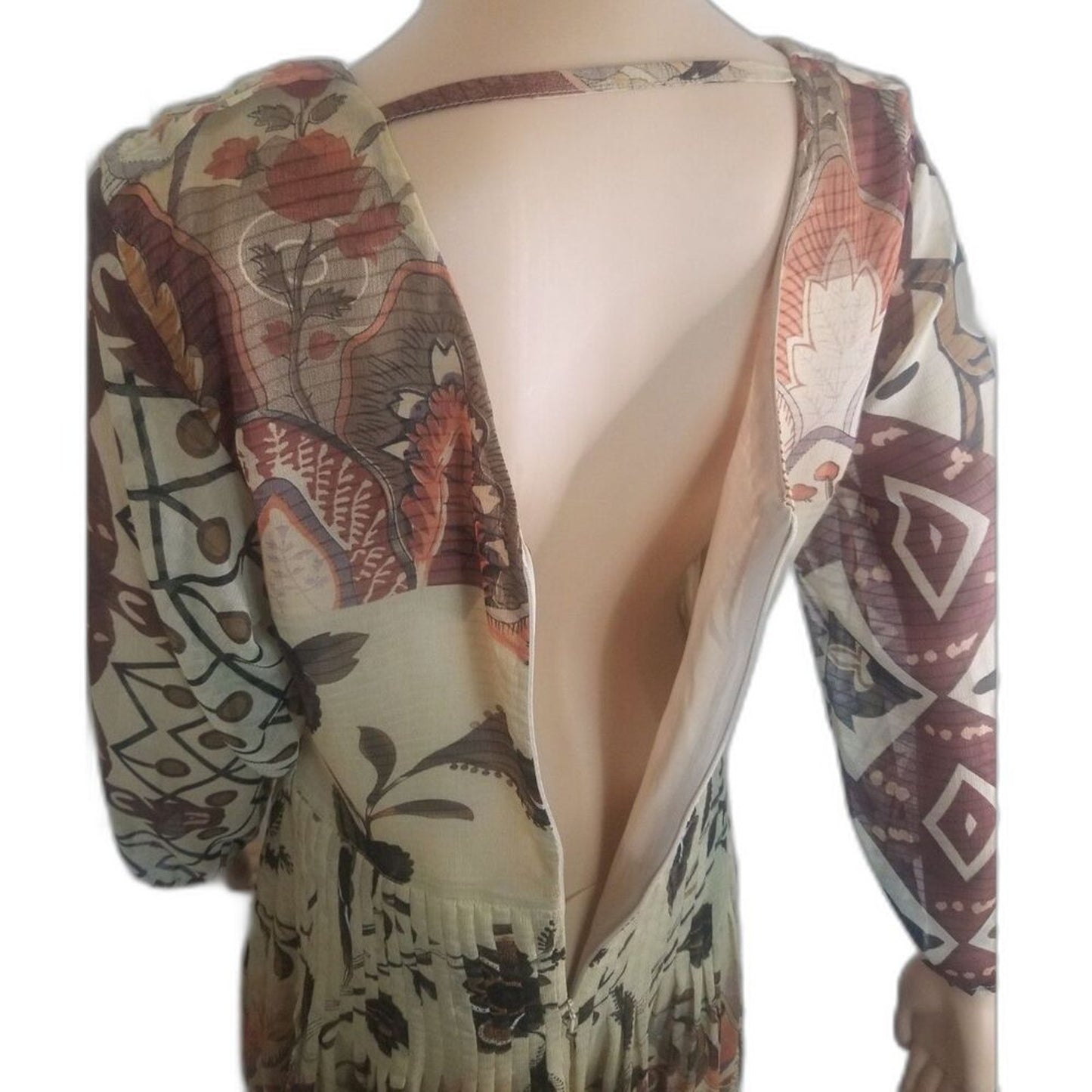 Desigual by Christian Lacroix Brown Pleated Floral Midi Long Sleeve Dress Size 8