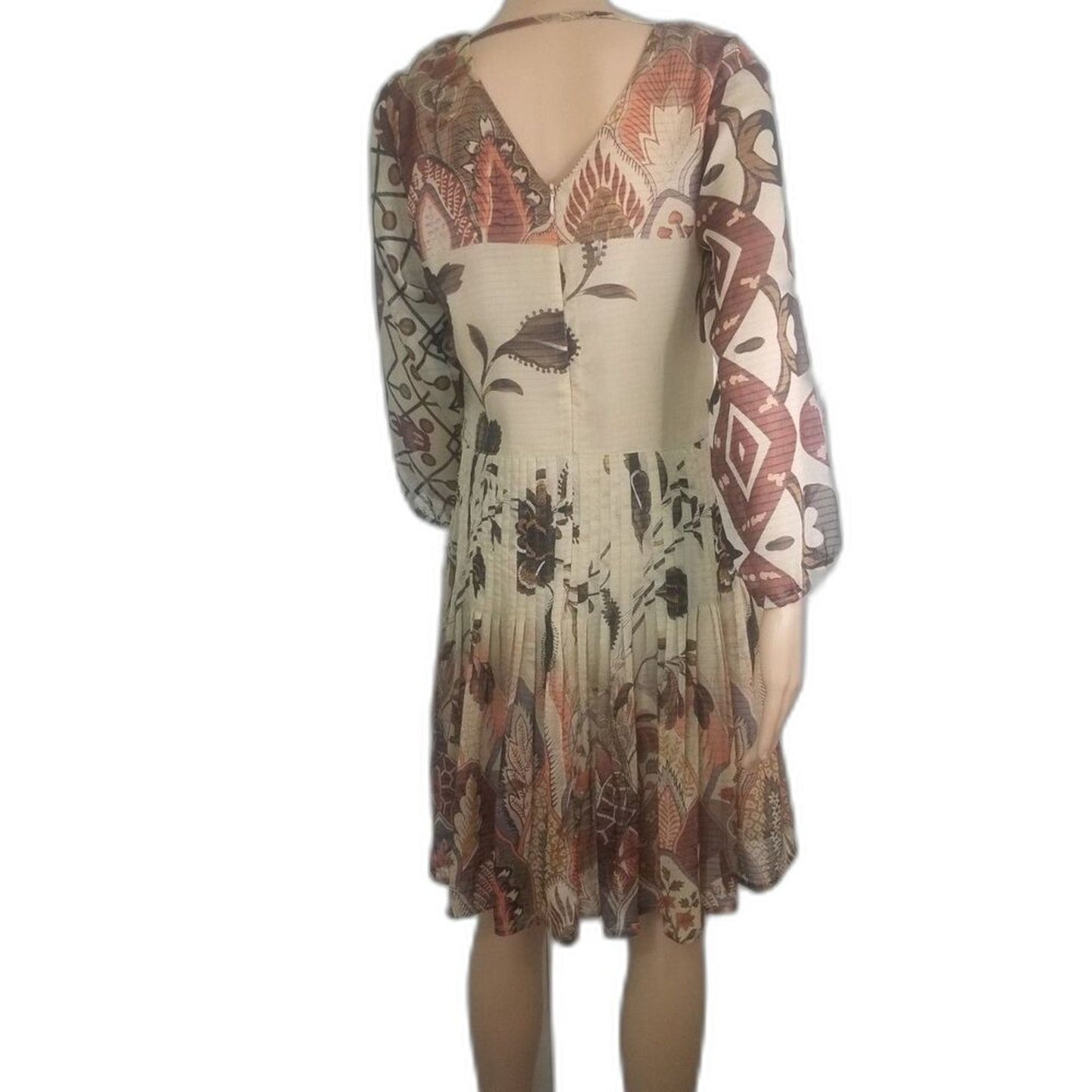 Desigual by Christian Lacroix Brown Pleated Floral Midi Long Sleeve Dress Size 8