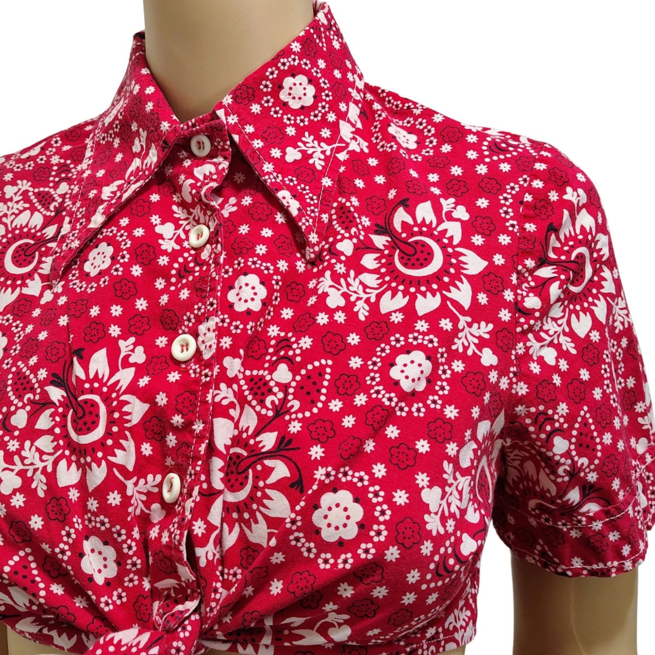 50s Red Cropped Bandana Kerchief Button Up Knot Tie Shirt Top Size 10 Juniors