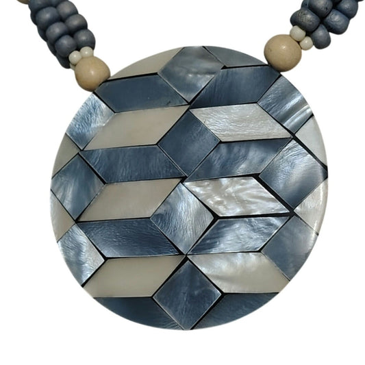 Vintage Blue Beige Mother of Pearl Pendant on Beaded Statement Necklace