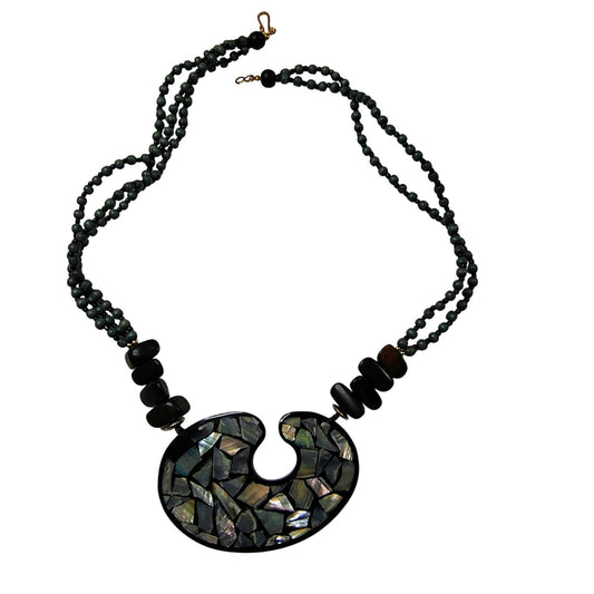 Vintage Blue Black Inlay Shell Beaded Lacquered Necklace Adjustable Chain Link