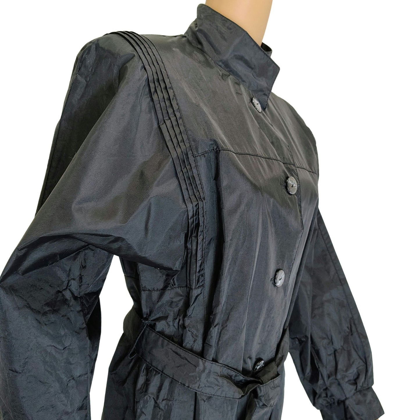 1980s Black Long Rain Jacket Trench Coat Waterproof Rubberized Size 7/8 Medium