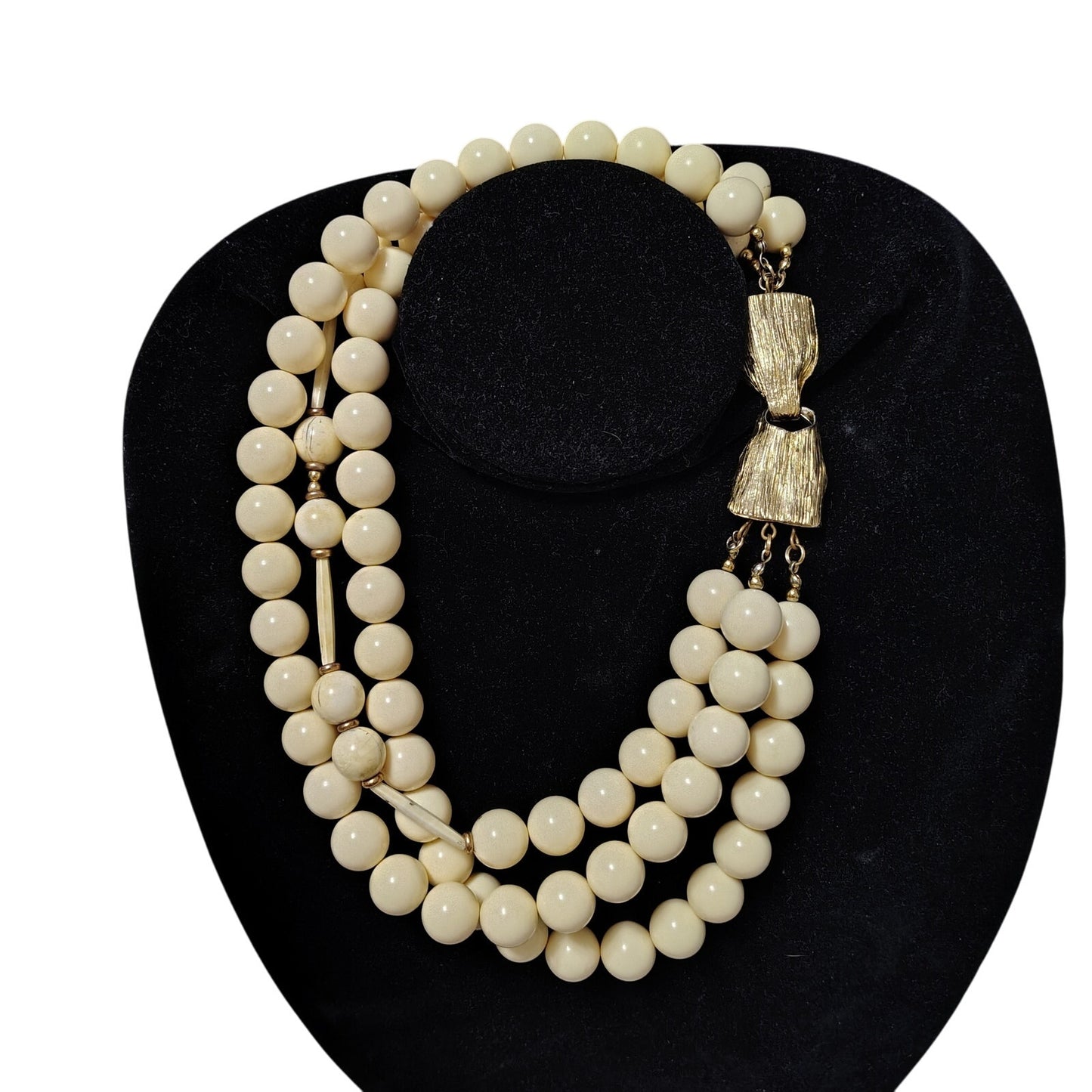 Vintage Statement 3 Strand Necklace Huge Lucite Cream Bead Large Gold Hook Clasp