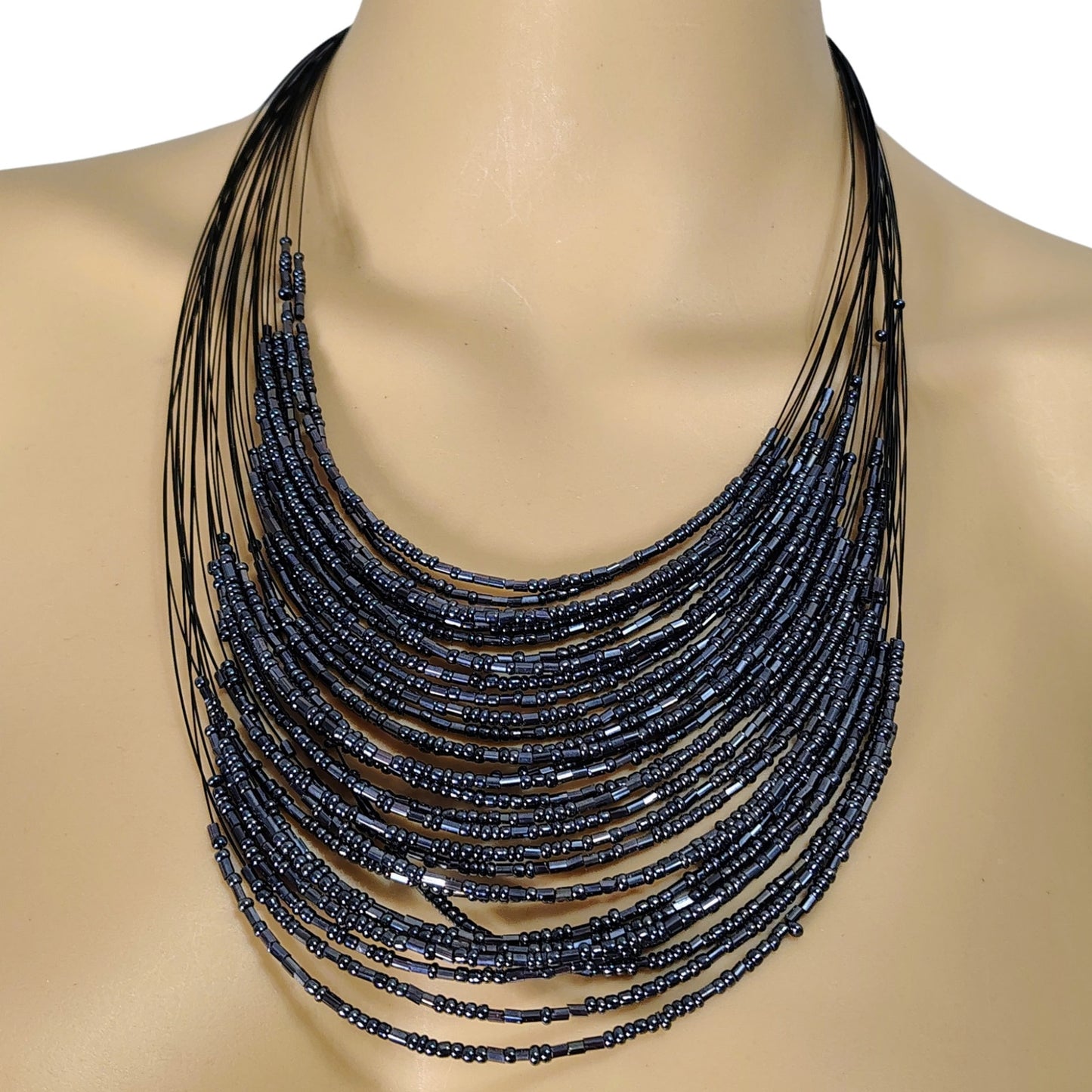 Gray Layered 30 Strand Floating Seed Beads Adjustable Statement Necklace