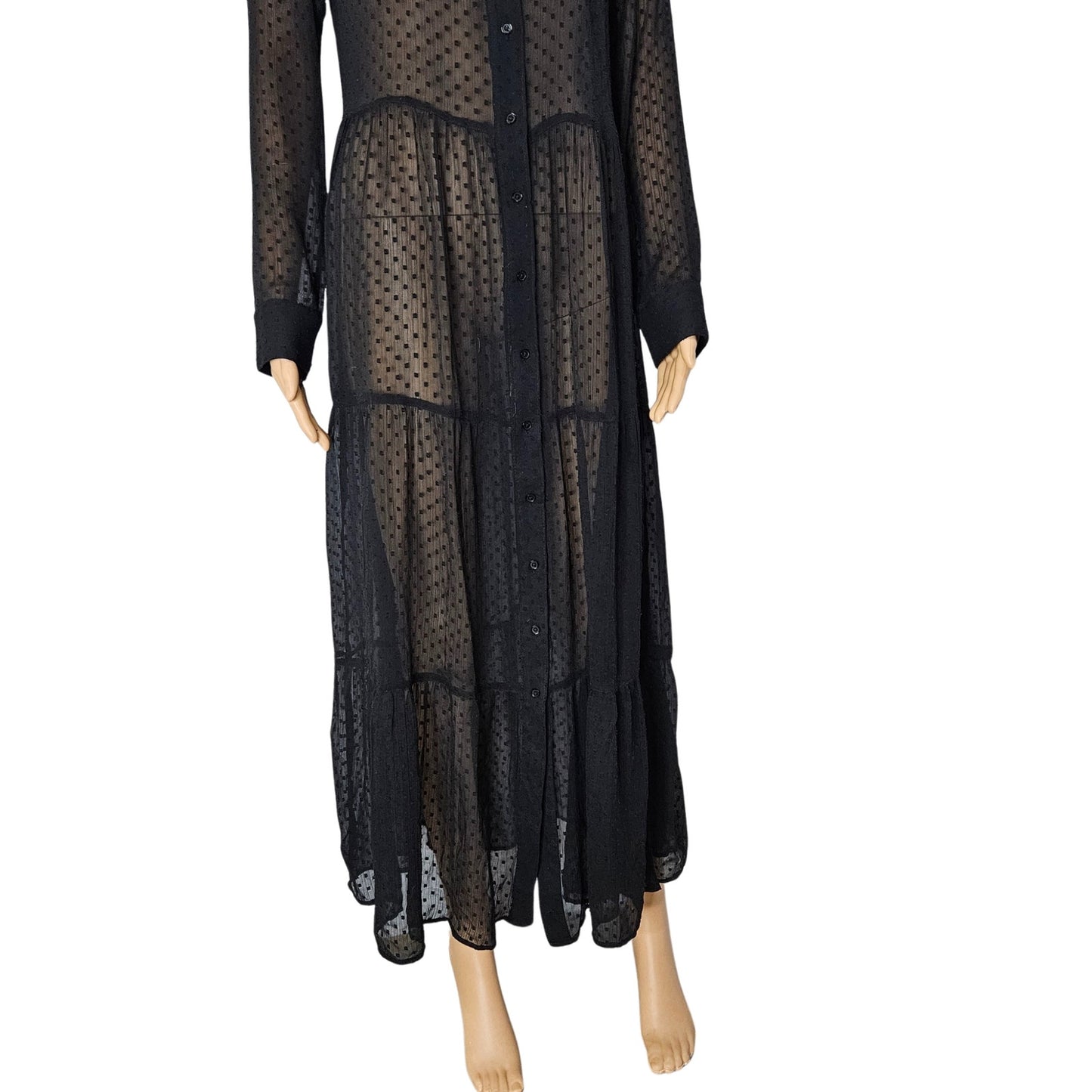 Black Sheer Polka Dot A Line Button Up Collar Shirt Dress Size 8 US 40 EUR
