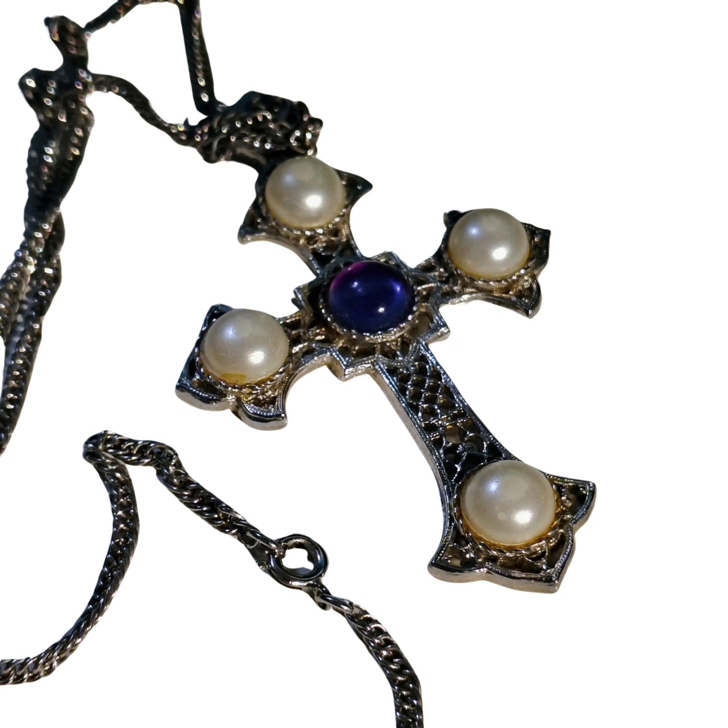 70s Vintage Sarah Coventry Silver Cross Pendant Necklace Amethyst Faux Pearls