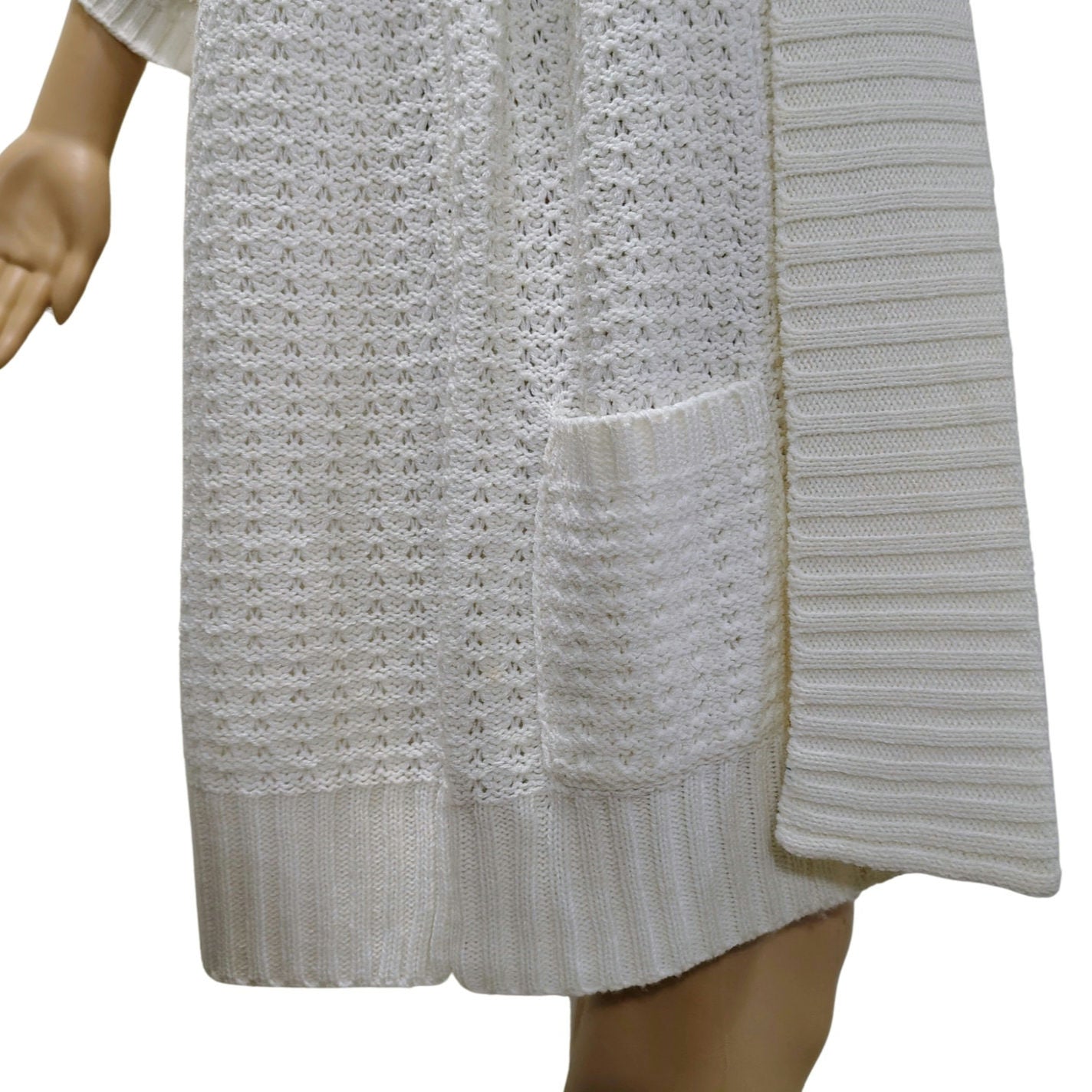 1990s Knit Wool Cardigan Cream Long Boho Open Front Short Sleeve Sweater Size L