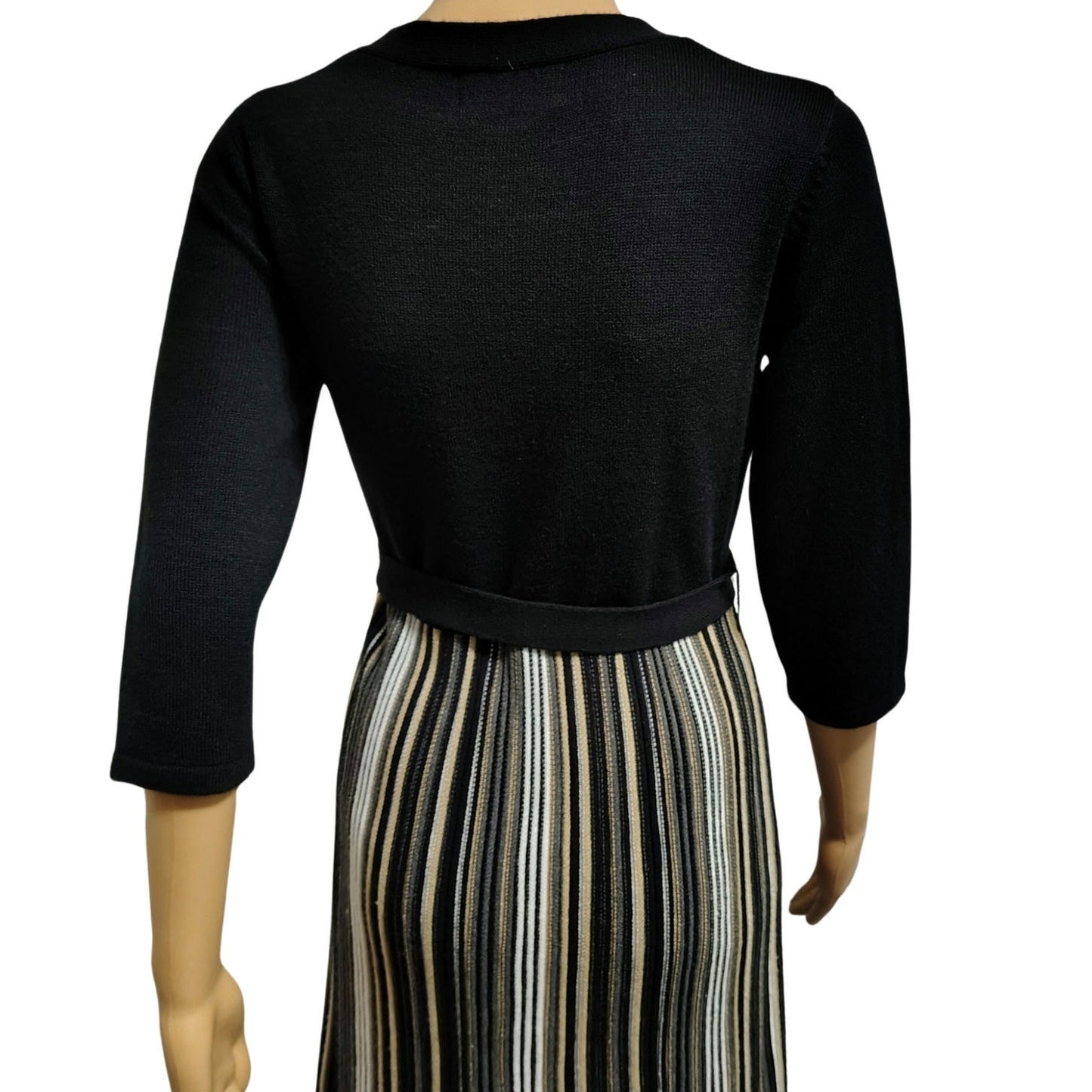 Studio 1 Striped Belted Midi Knit Fit & Flare V Neck Sweater Dress Black Size M
