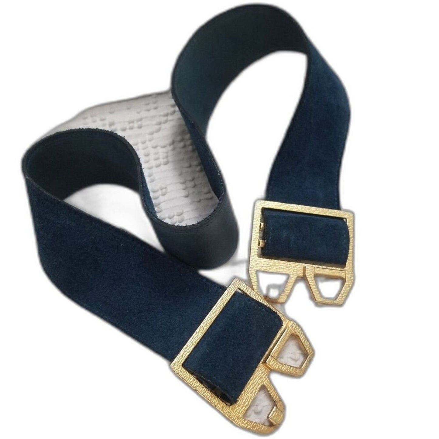 Vintage Big Gold Interlocking Cut Out Buckle Wide Blue Suede Belt Adjustable