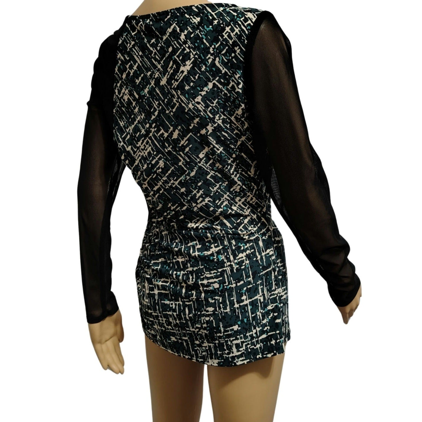 Sheer Long Sleeve Abstract Print Bodycon Top Black Green Anne Klein Size 8