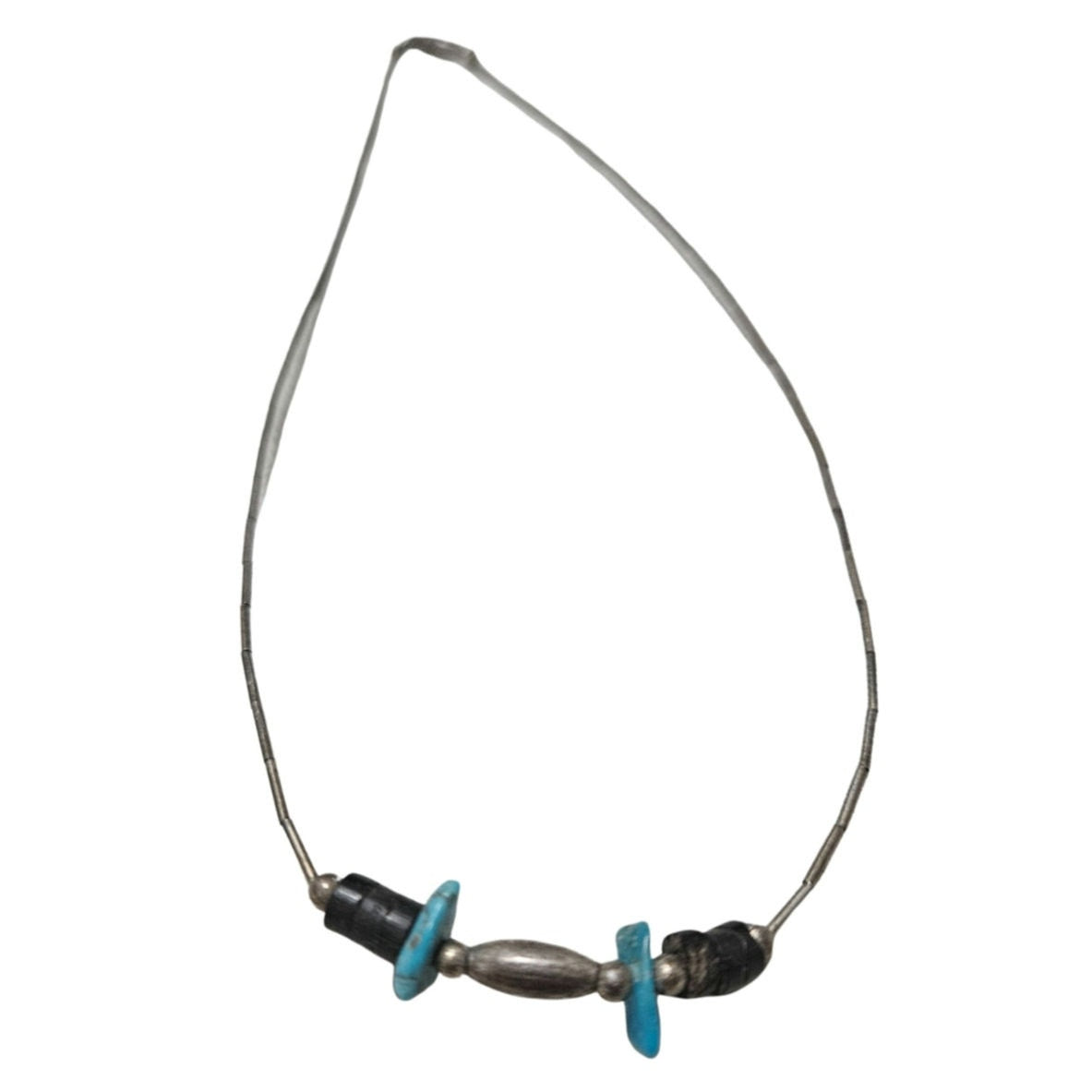 1970s Sterling Silver Liquid + Turquoise Stones Bohemian Hippy Necklace