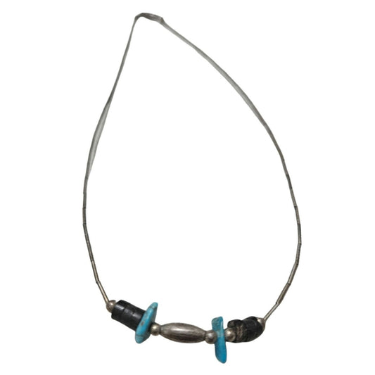 1970s Sterling Silver Liquid +  Turquoise Stones Bohemian Hippy Necklace
