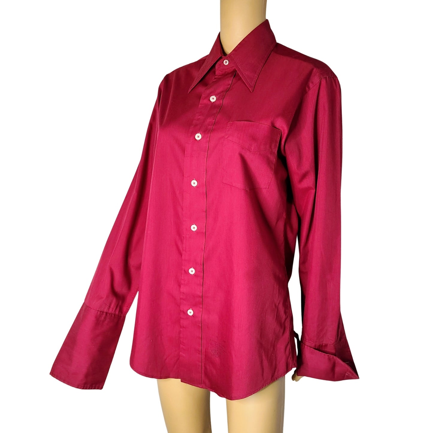 1970s Burgundy Wine Button Up Long Sleeve Folded Wrist Cuffs Dress Shirt Size 15 [Vintage}