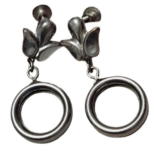 1950s Vintage Flower Dangling Loop Clip On Earrings Silver Tone Twist On Closure