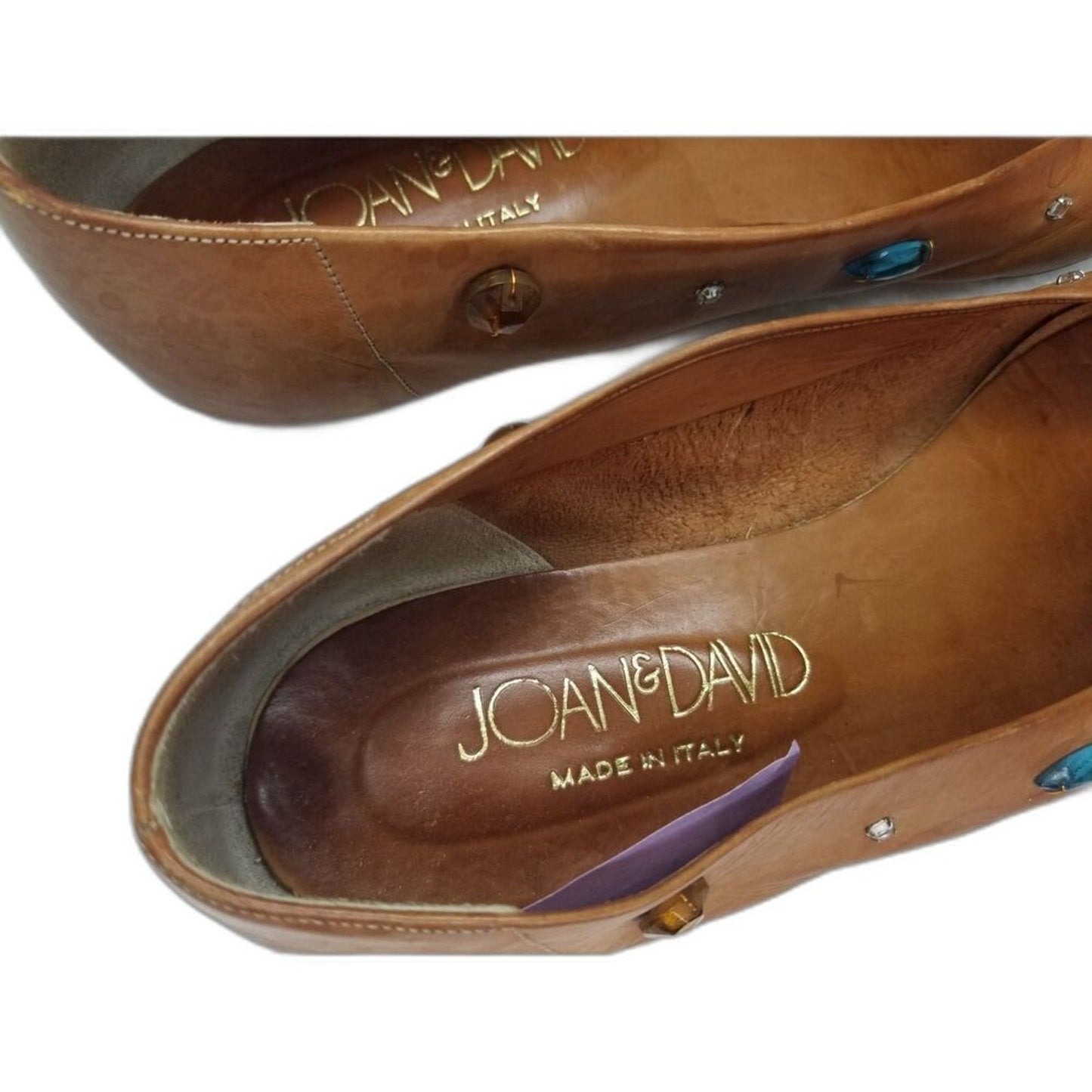 80s Vintage Joan & David Vegetable Tanned Leather Be-jeweled Tan Flats Size 7.5