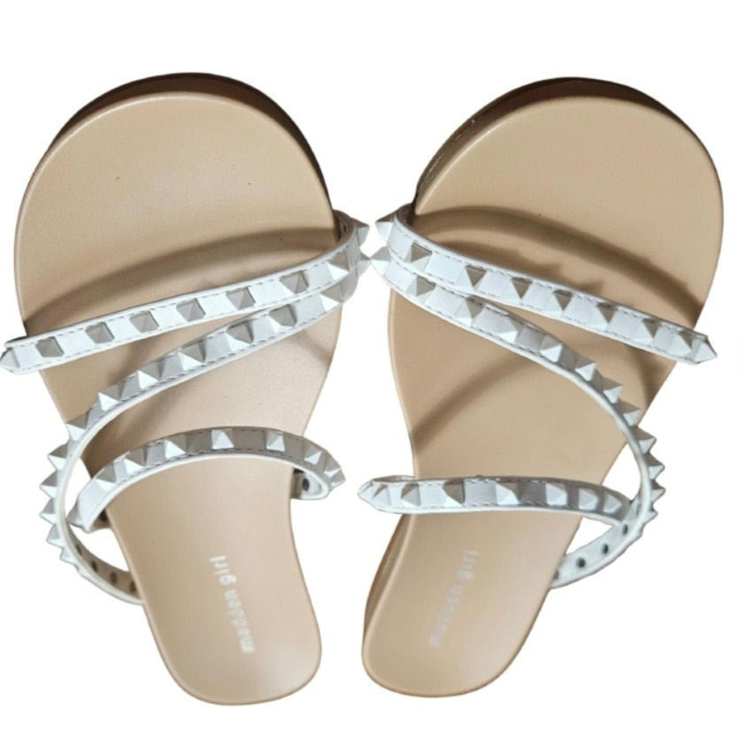 White Madden Girl Women's Candy Slide Strappy Sandal Square Spikes Size 8.5