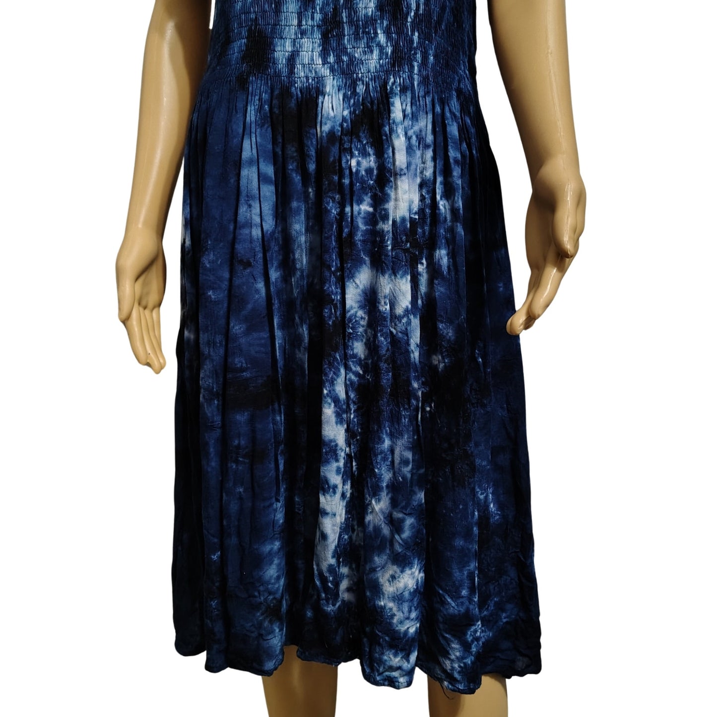 Summer Flowy Dress Blue Tye-Dye Elastic Shirred Top Uneven Hemline One Size