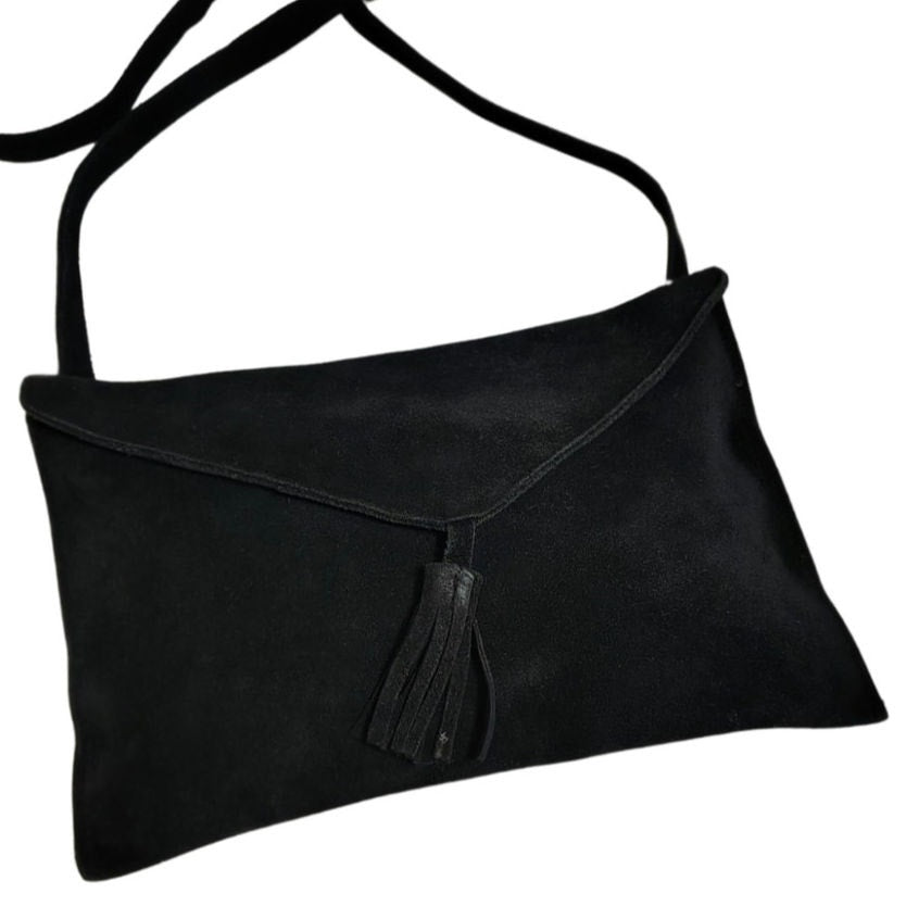 Black Suede Crossbody Envelope Handbag Tassel Magnetic Closure Fold Over Top