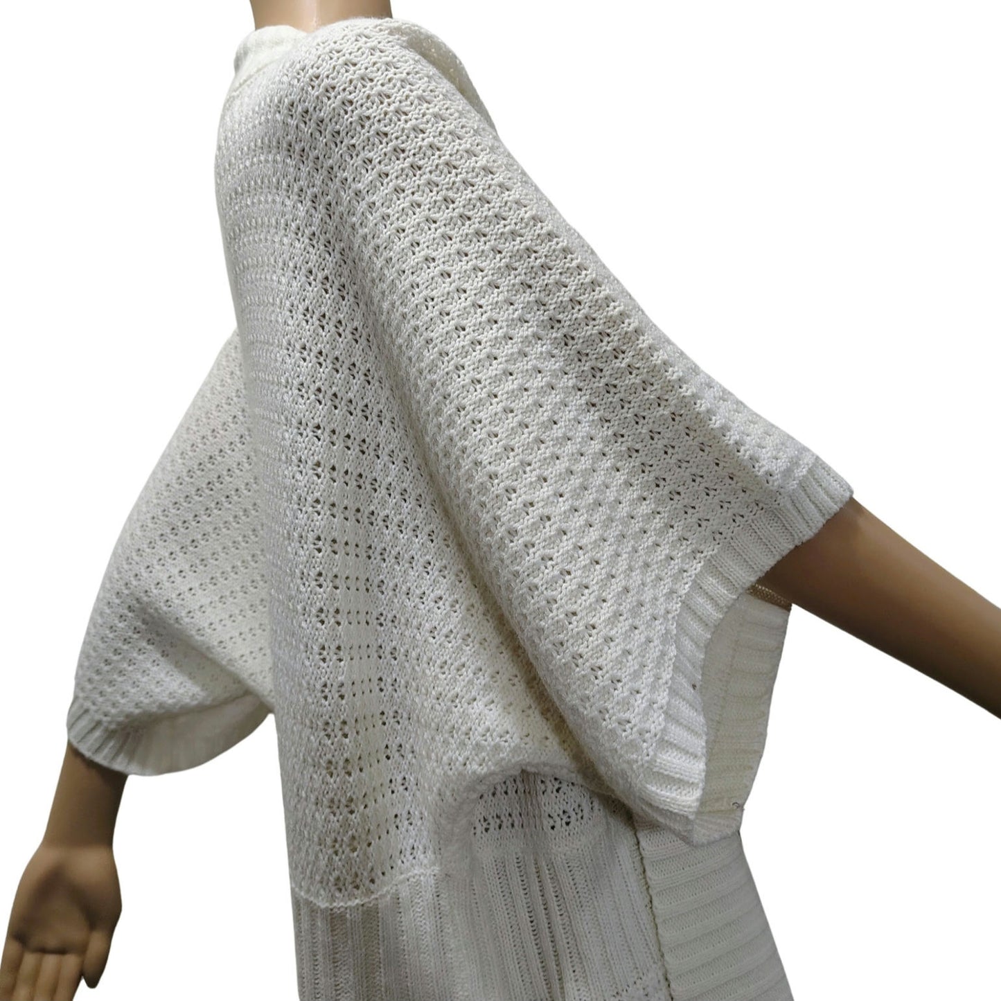 1990s Knit Wool Cardigan Cream Long Boho Open Front Short Sleeve Sweater Size L