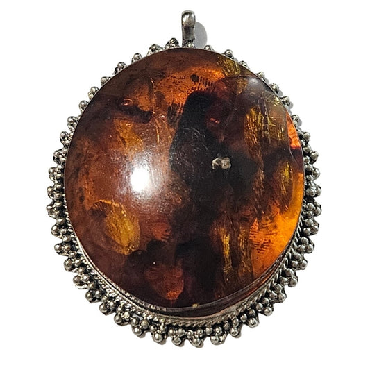 Vintage Huge Round Amber in Silver Tone Metal Pendant on Black Ribbon Necklace