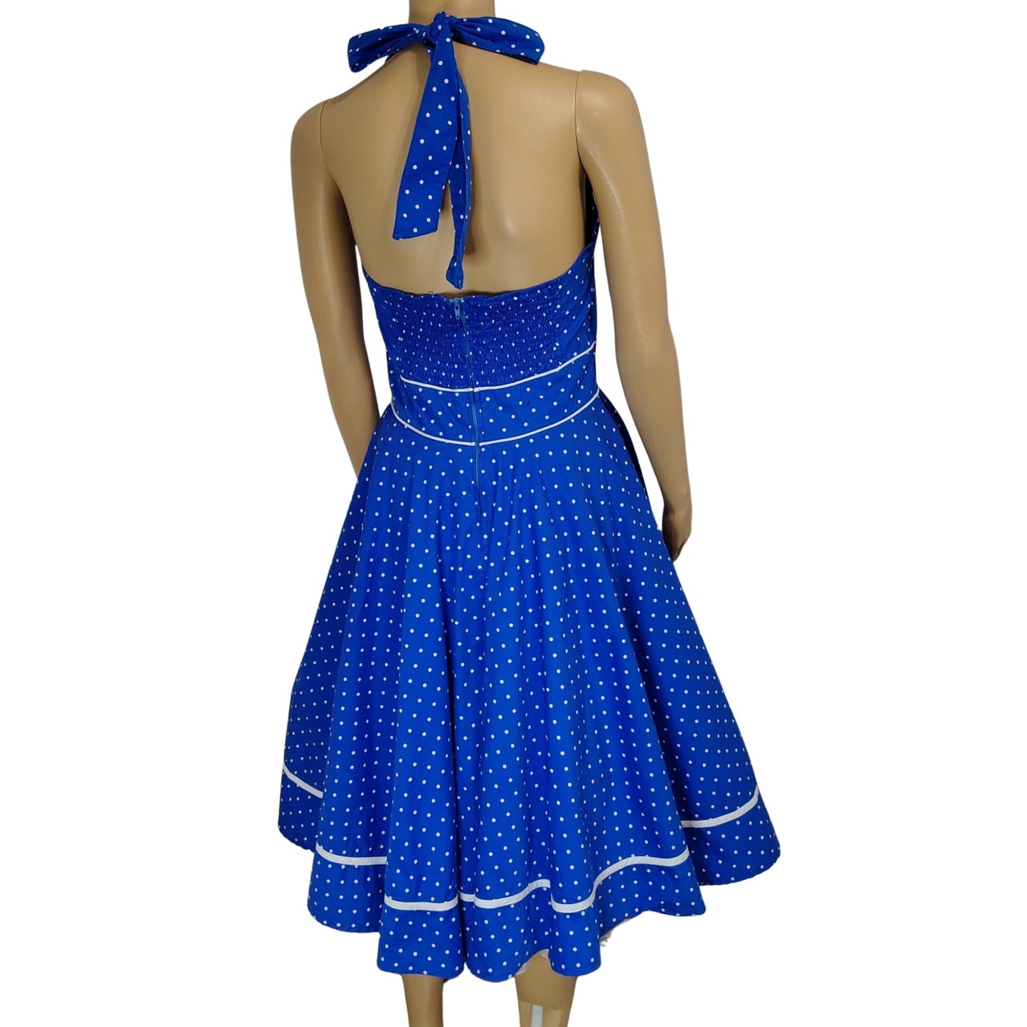 Hell Bunny Rockabilly Dress Blue White Halter Polka Dot Fit Flare Pinup Size Medium