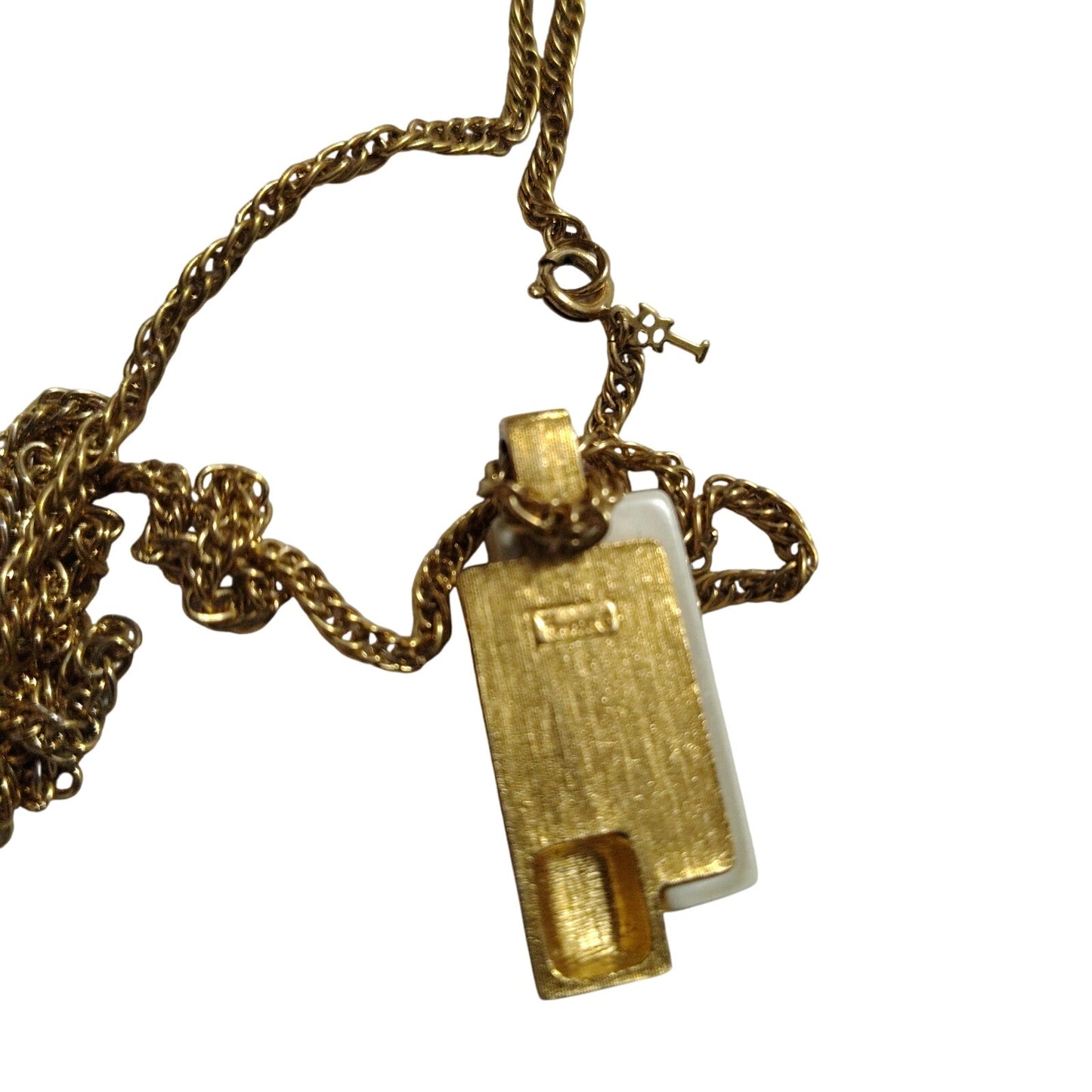 60s Vintage Crown Trifari Faux Ivory Lucite Gold Tone Pendant Chain Link Necklac