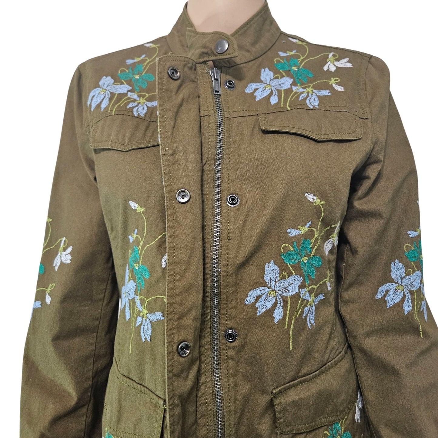 Olive Embroidered Floral Belted Zip Up Utility Standing Collar Jacket Size Medium