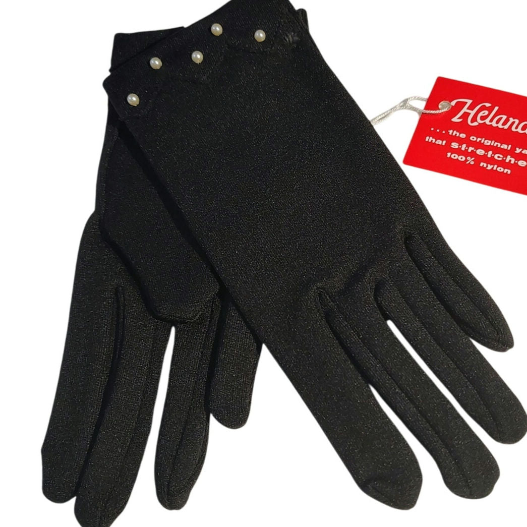 Black Mini Cream Pearl Nylon Evening Gloves New With Tag Mint Vintage Helena