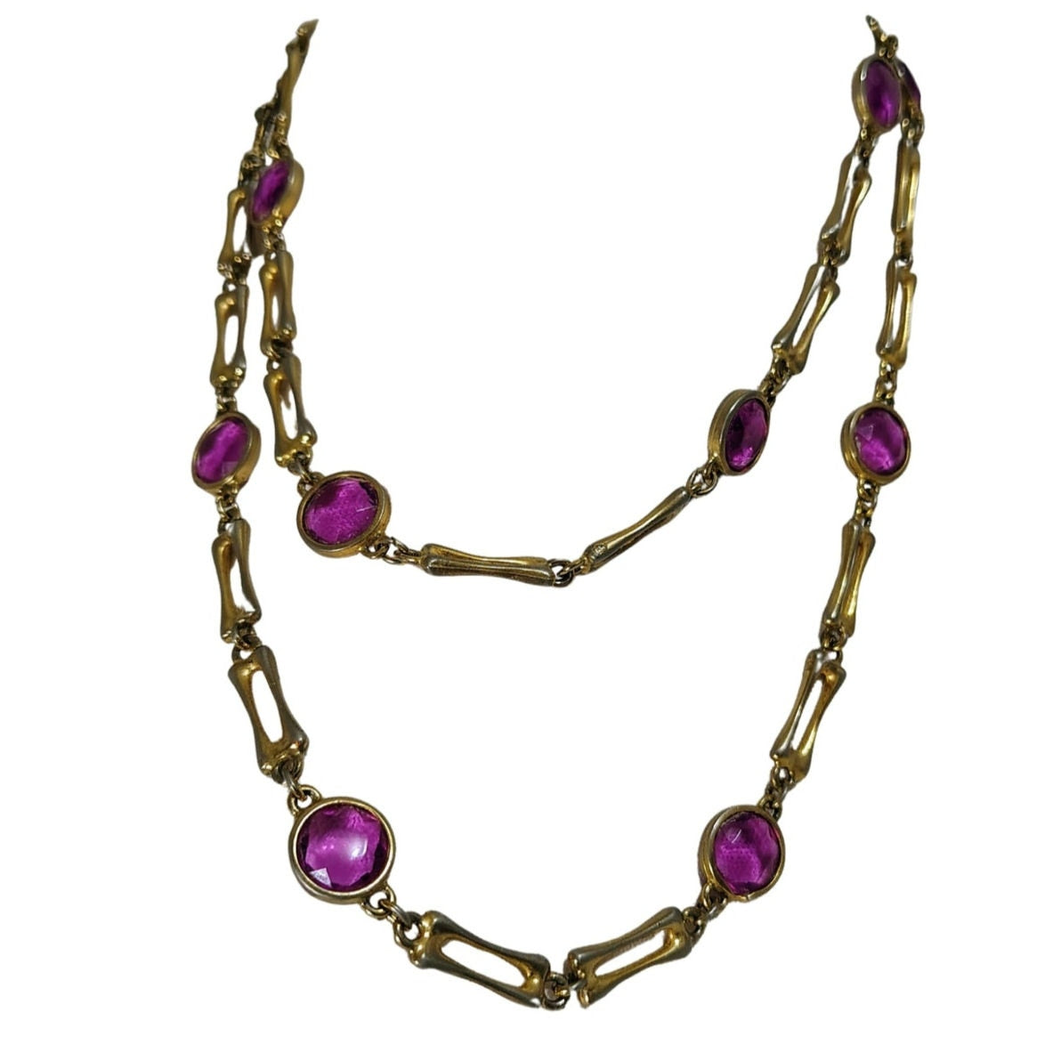MCM Gold Purple Glass Beads Gold Links Opera Length Costume Jewelry Necklace