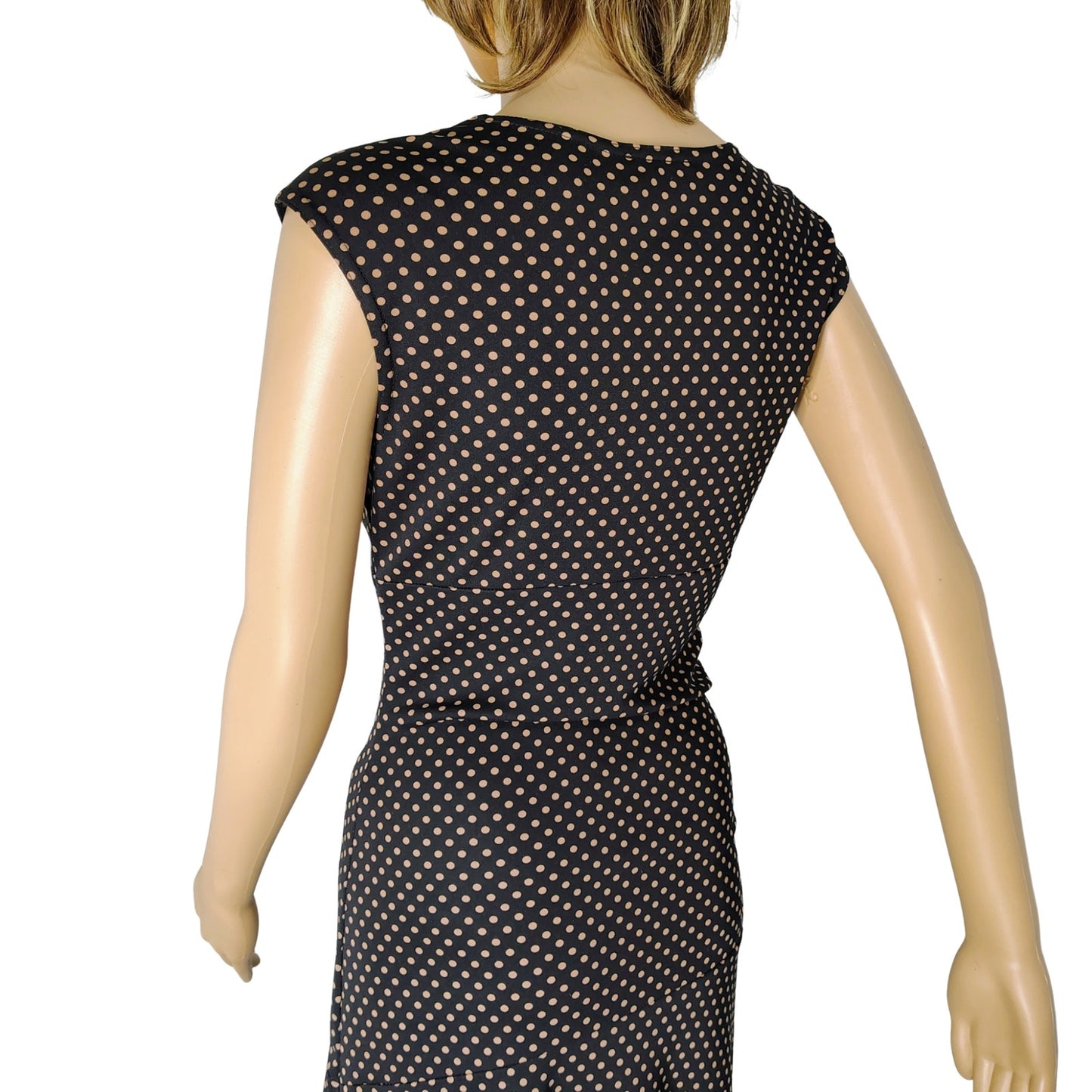 Black with Brown Polka Dots Bodycon Ruched Fit Flare Short Sleeve Dress Size S