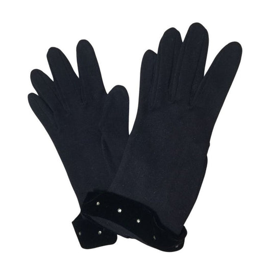 VINTAGE 50s 60s Evening Gloves Crystal Adorned Velvet Cuff Black Nylon Size S/M