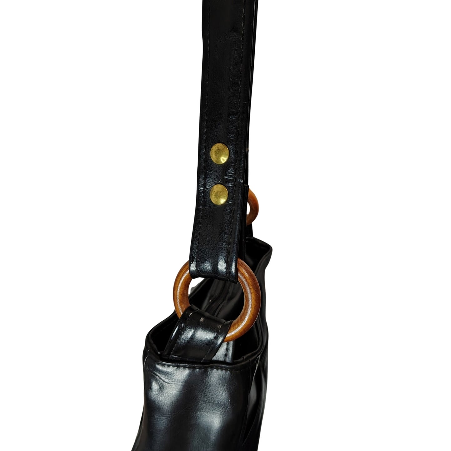 1970s Black Vinyl Convertible Shoulder Handbag Top Handle Purse Wood Loops