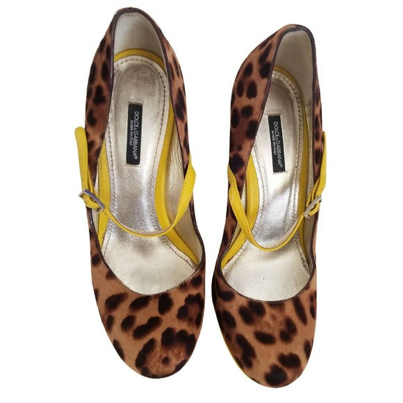 DOLCE & GABBANA Cheetah Platform Heels Yellow Trim Stilettos Size 8.5