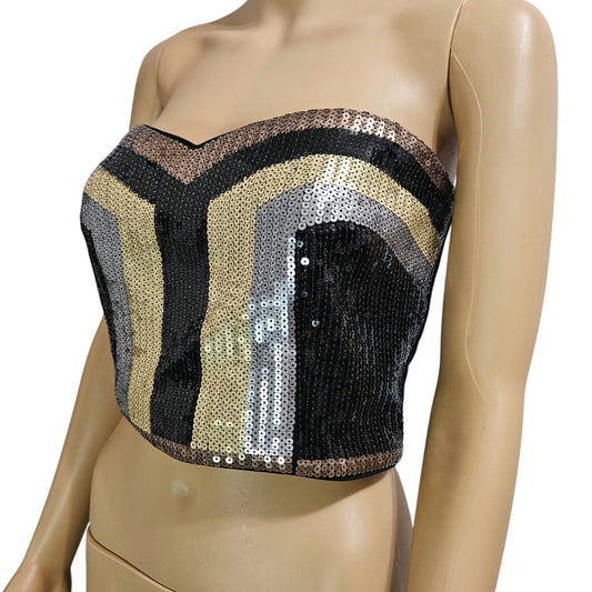 Y2k Sequin bebe Black Gold Silver Tube Top Straps Included Size Large NEW Tags