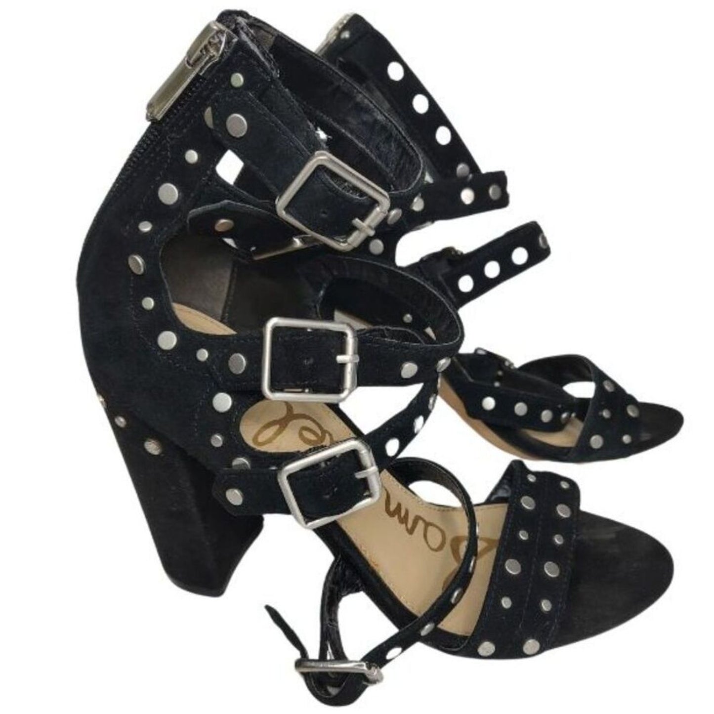 Strappy Studded Black Suede Leather Sam Edelman York Sandal High Heels Size 7