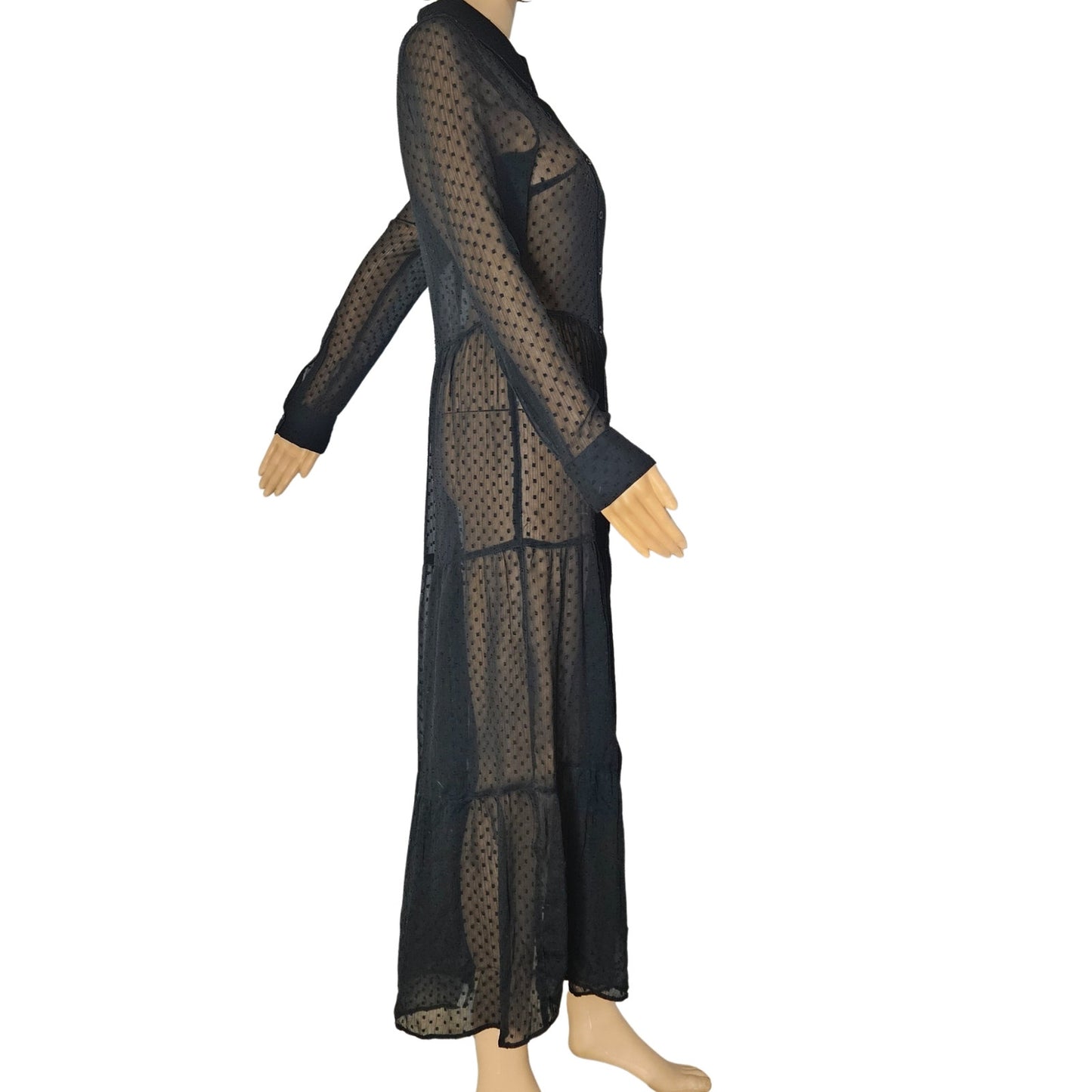 Black Sheer Polka Dot A Line Button Up Collar Shirt Dress Size 8 US 40 EUR