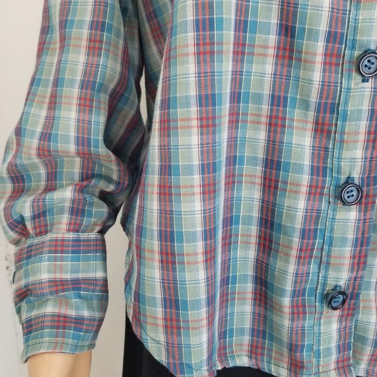 Metallic Shimmer Blue Vintage Western Cowboy Cowgirl Plaid Button Up Shirt Med