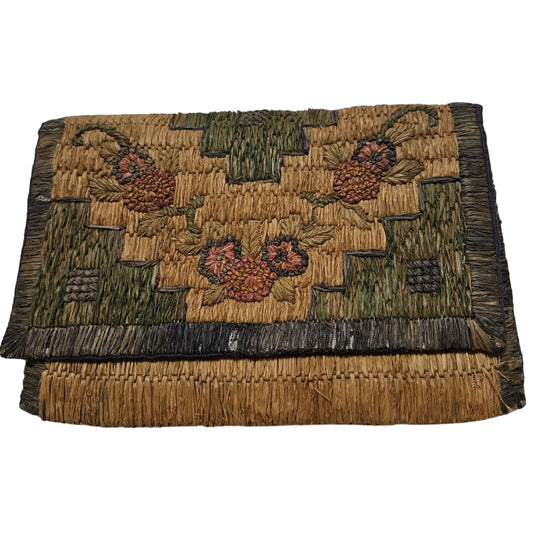 1940s Handwoven Grass Clutch Wallet Bag Floral Motiff Gently Used 8 x 6 Inch