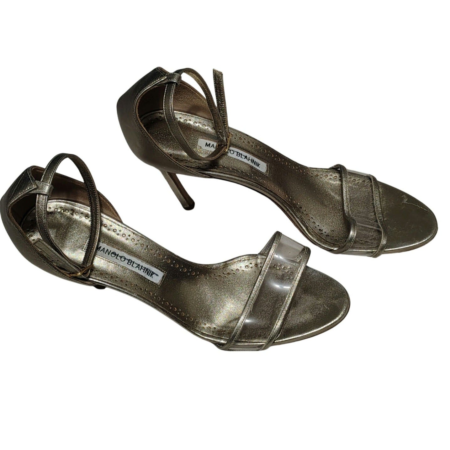 Manolo Blahnik Bronze Leather and Transparent PVC Lavanasa Sandals Size 10.5