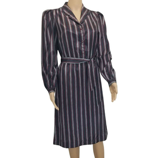 1980s Striped Metallic Long Sleeve Midi Dress Button Up Belted Vintage Size 7/8