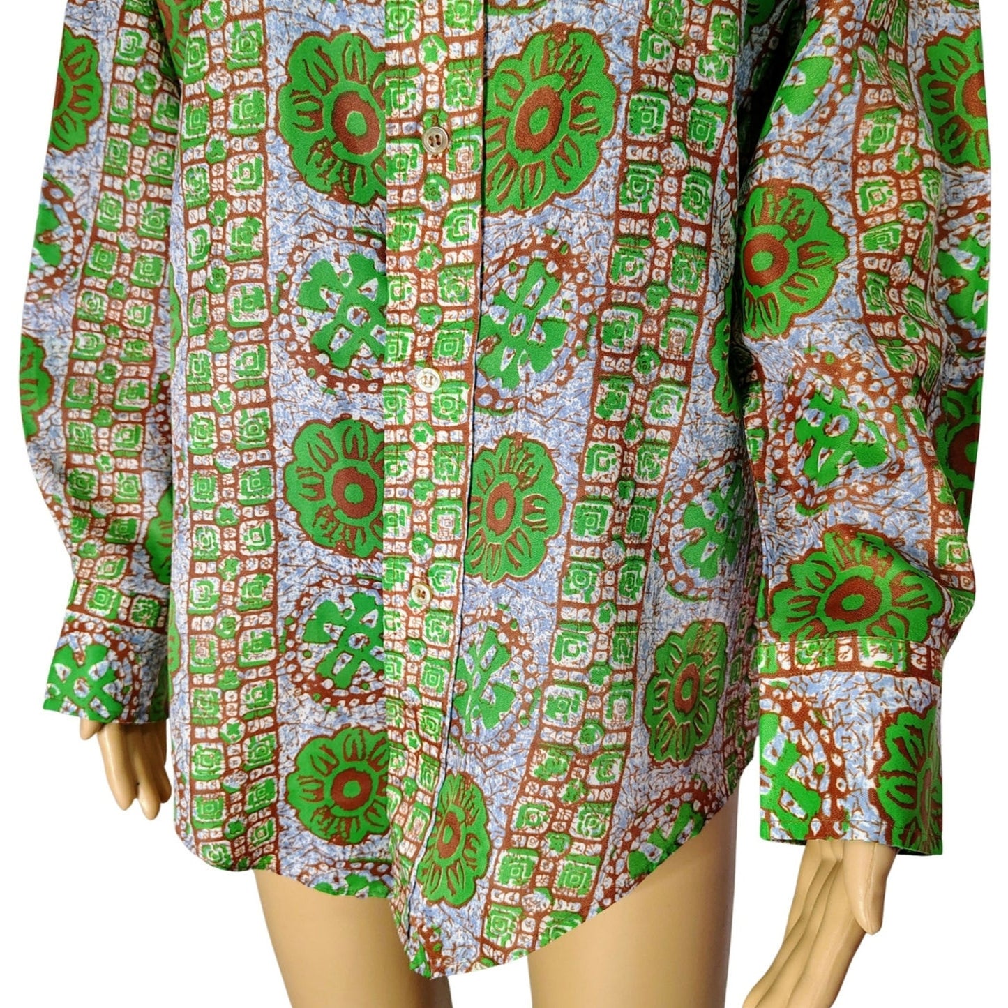 70s Green Polynesian Style Wing Tip Button Up Permanent Press Shirt Size Medium