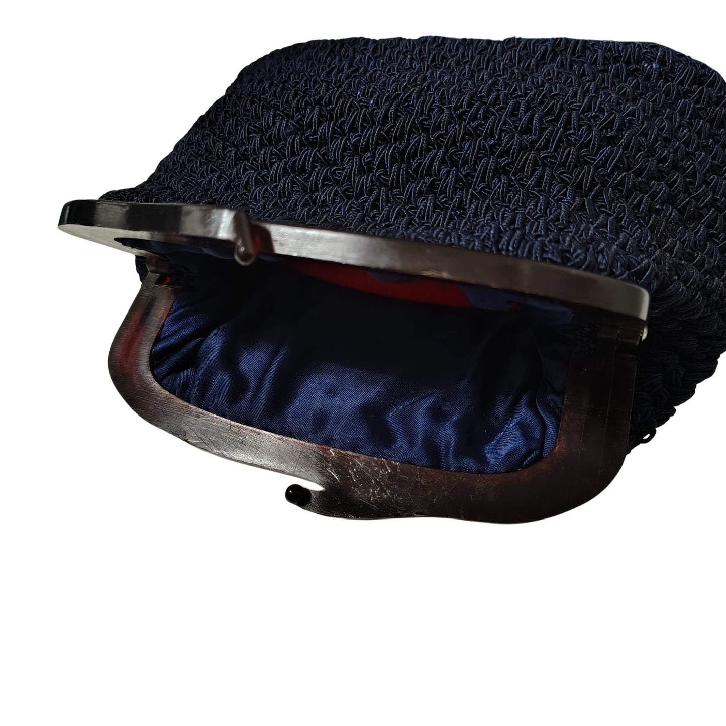 1960s Small Crocheted Navy Blue Handbag ADG Lucite Kiss Closure Top Frame Lined