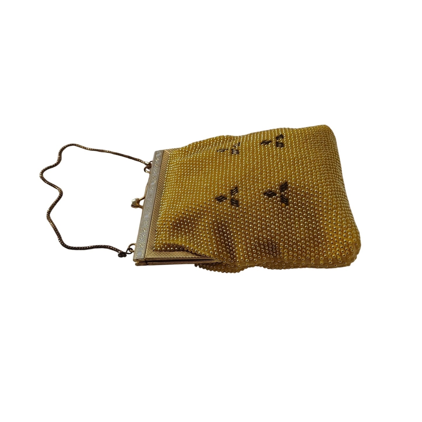 Vintage Yellow & Gold Tone Bubble Beaded Chain Handle Rectangle Evening Hand Bag