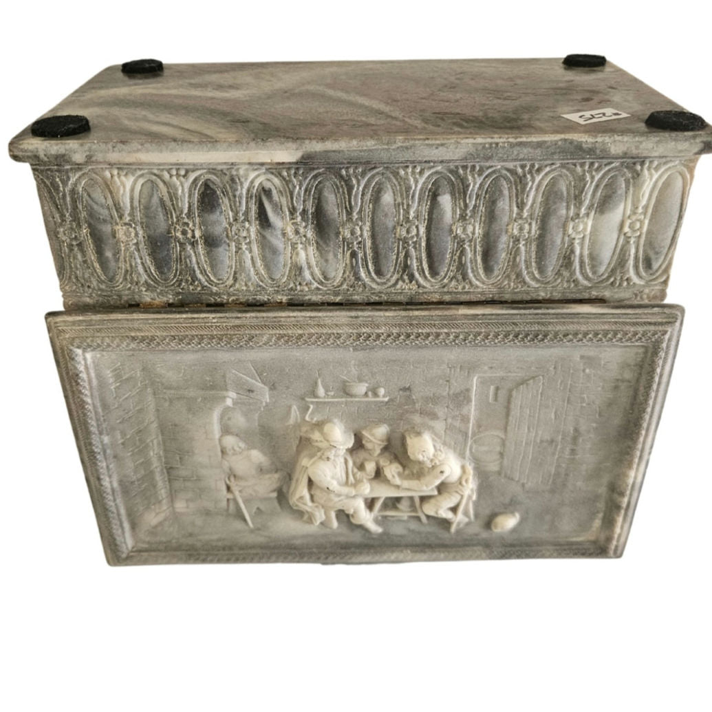 1975 Incolay Stone Handcrafted Carved Hinged Box Men In Pub Scene Trinket Box