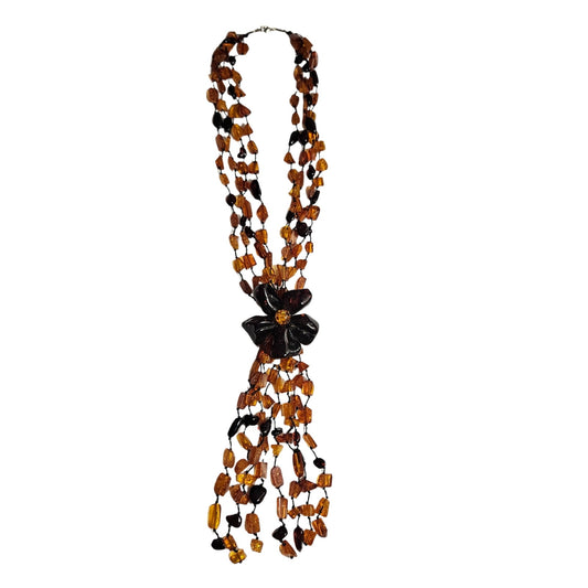Baltic Amber Flower Statement Necklace Huge Bead Four Strand Tassel Cognac Brown